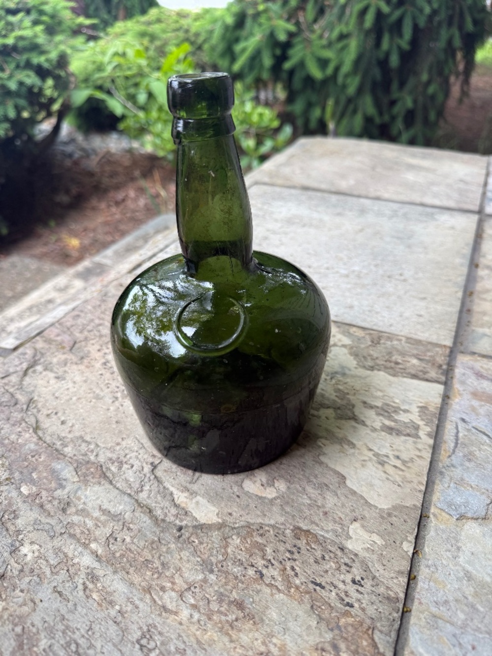 Antique 19th Century Liquor Whiskey Green Glass Bottle Mold Mouth Blown 7.5”H